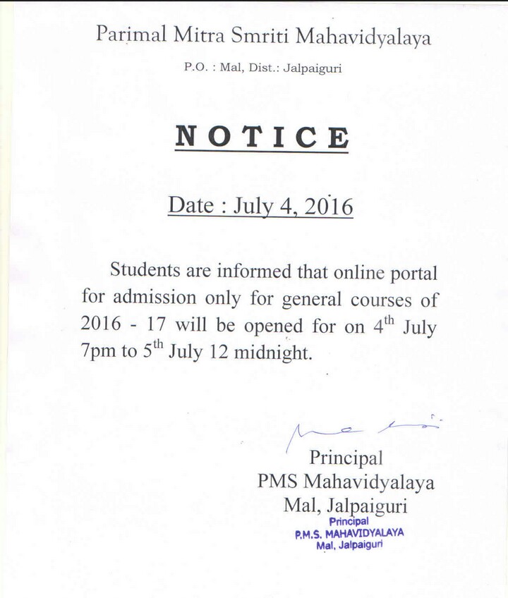 Important Notice for General Course Admission into PMS Mahavidyalaya